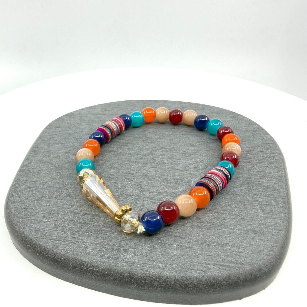 Vibrant Multi-Color Beaded Bracelet with Crystal Charm Boho Statement Festival
